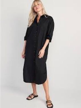 Old Navy Black Shirt Dress M Tall Long Sleeve Button Front Midi NWT Minimalist